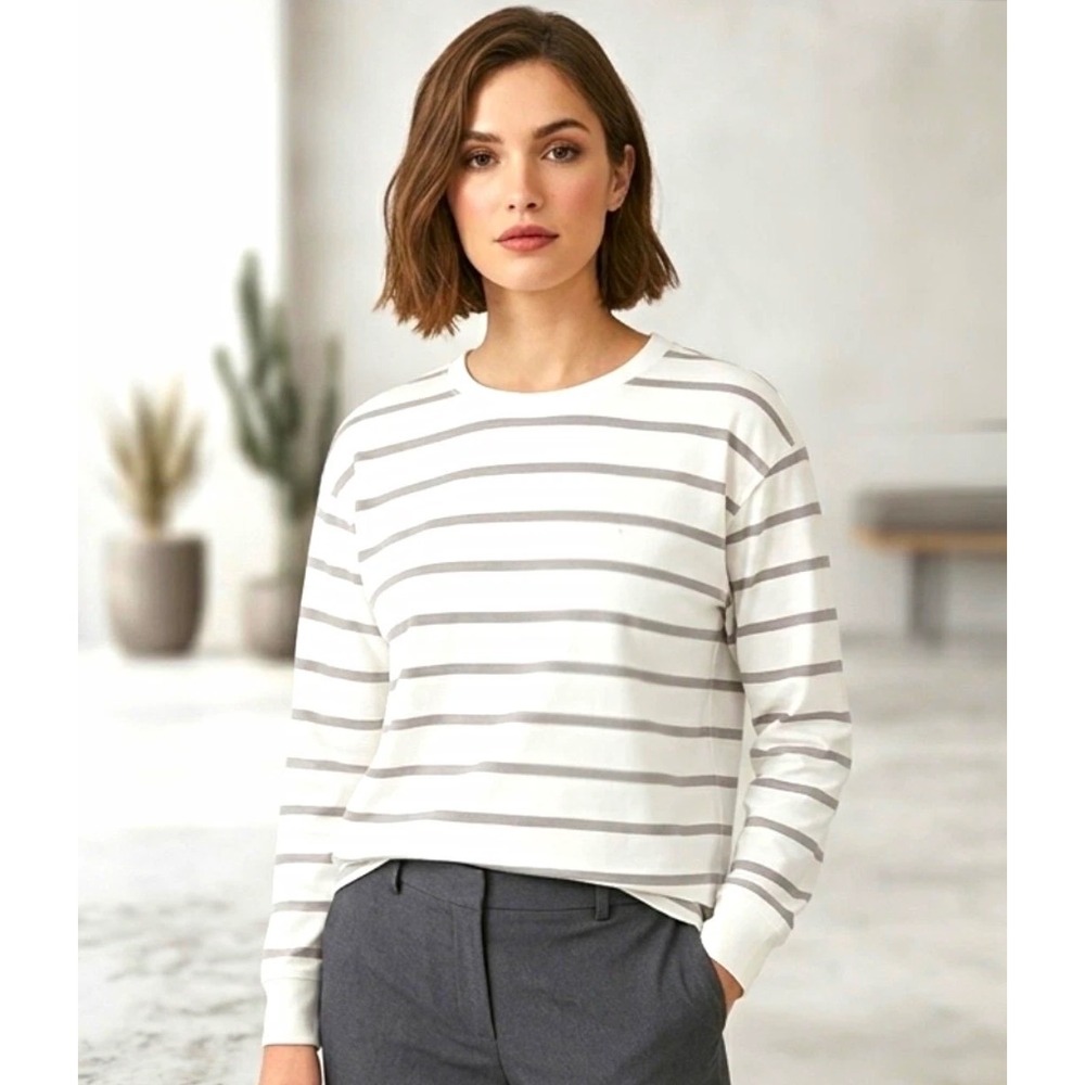 Danskin Womens XXL Birch Satellite Stripe Long Sleeve Relaxed Top Coastal Casual